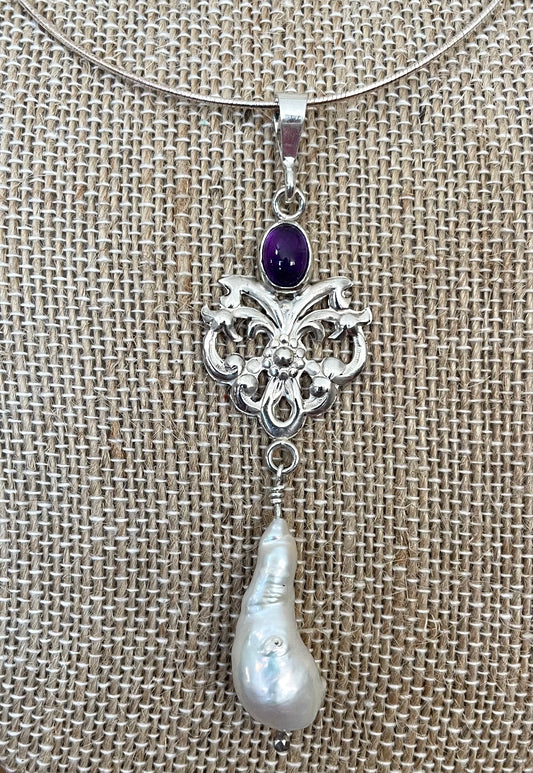 Vintage style baroque pearl and amethyst