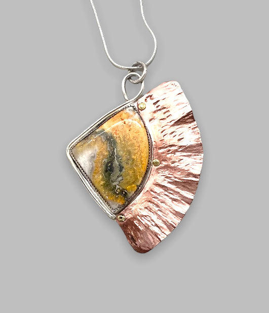 Fold formed copper set with a bumblebee jasper in sterling silver with a sterling rope chain