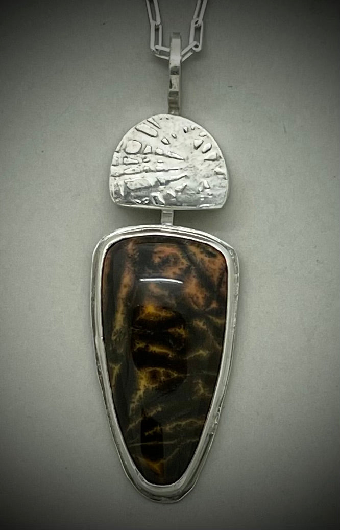 Yellow feather jasper and textured sterling silver necklace